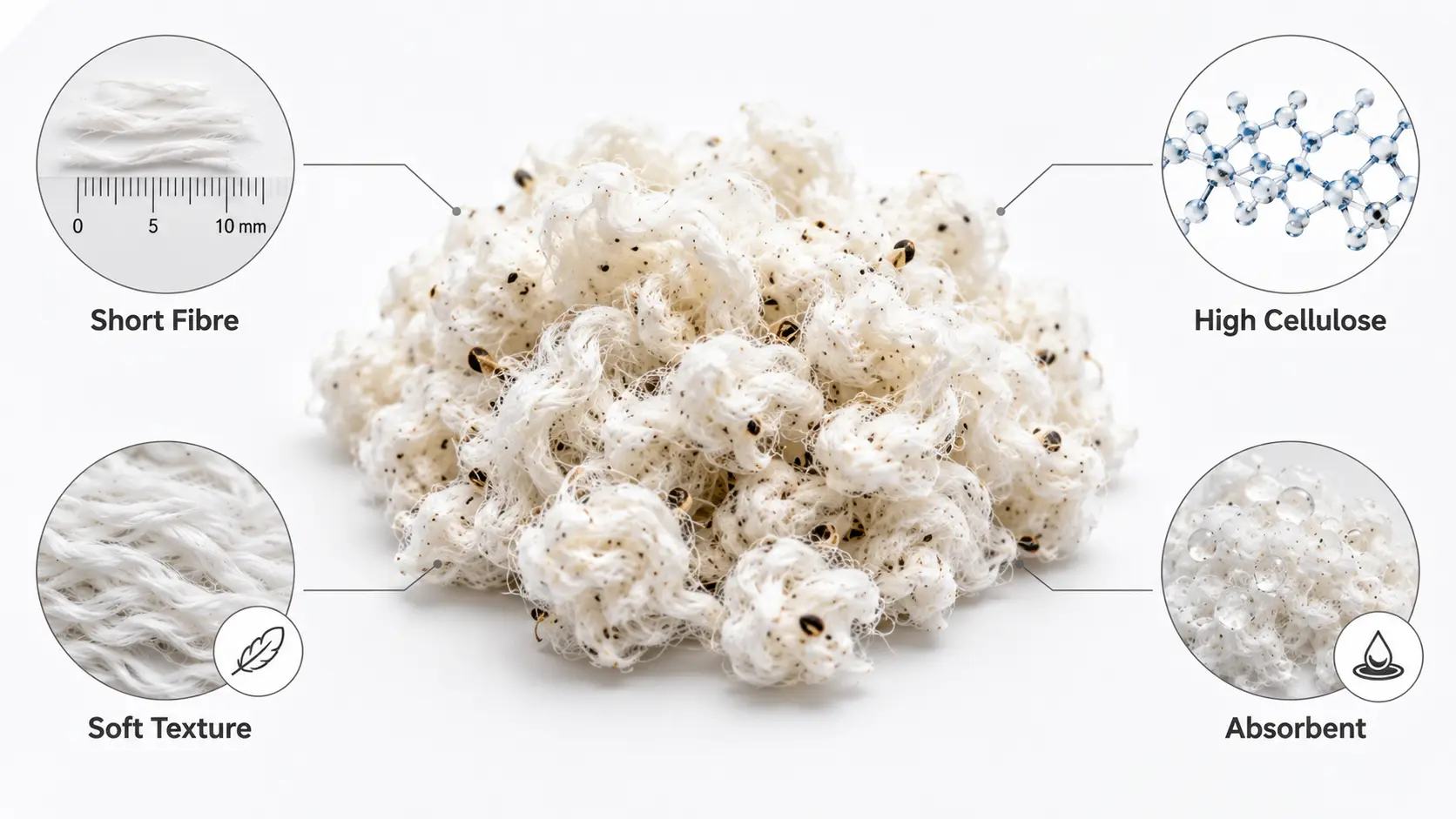 Key characteristics of cotton linters including cellulose and absorbency
