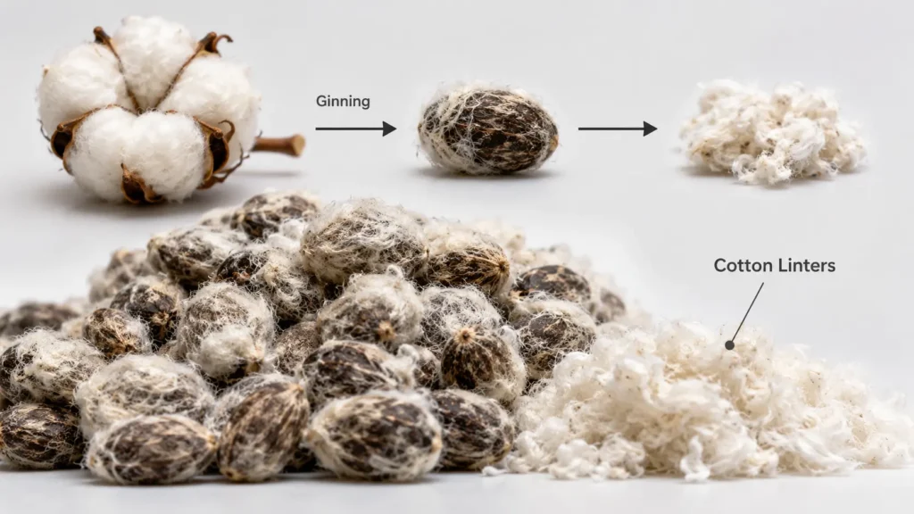 Cotton linters attached to cotton seeds after ginning