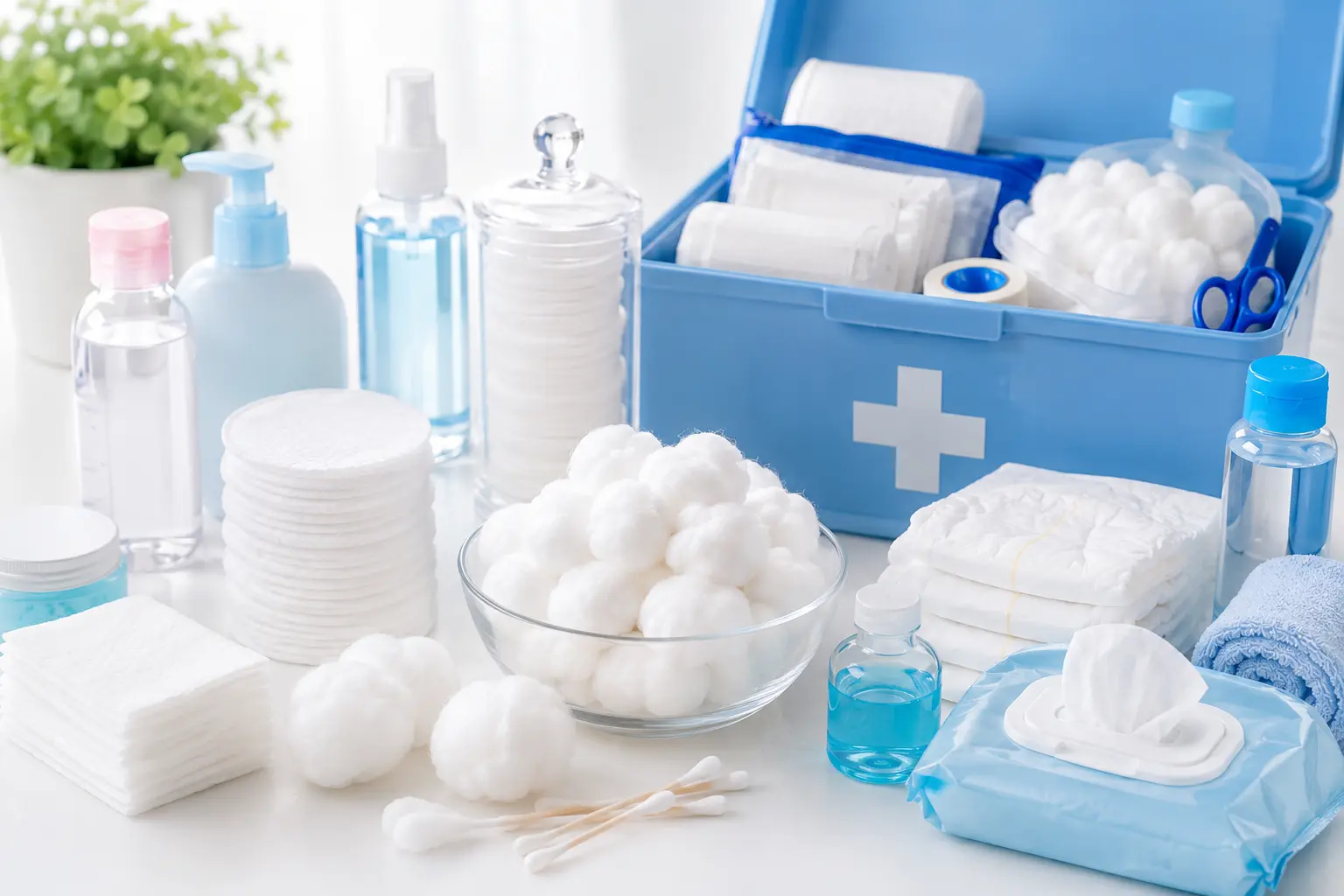 Absorbent Cotton used for wound care, personal hygiene, baby care, and cosmetic applications.