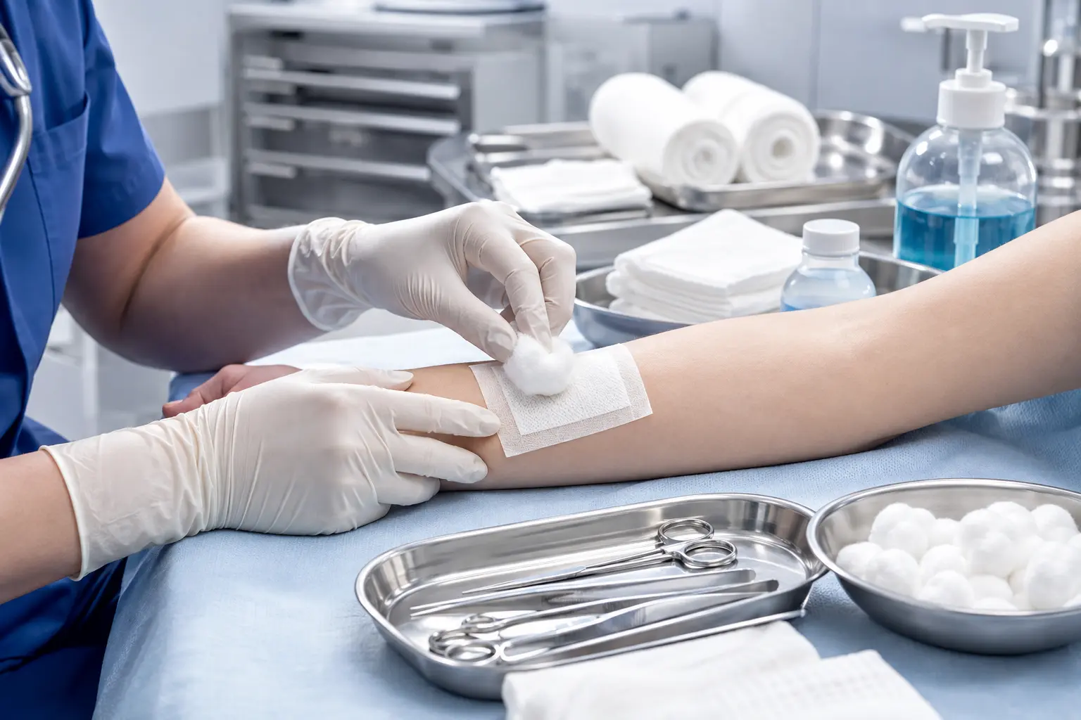Healthcare professional using Bleached Surgical Cotton during wound dressing in a clinical setting.