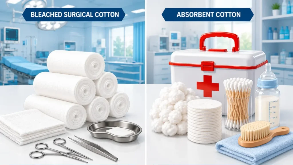 Bleached Surgical Cotton and Absorbent Cotton displayed side by side for medical and healthcare applications.
