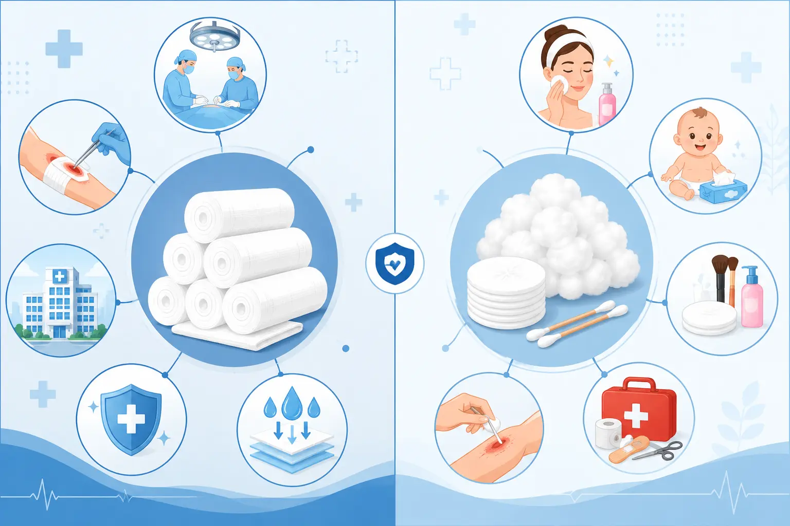 Illustration comparing the key applications of Bleached Surgical Cotton and Absorbent Cotton.