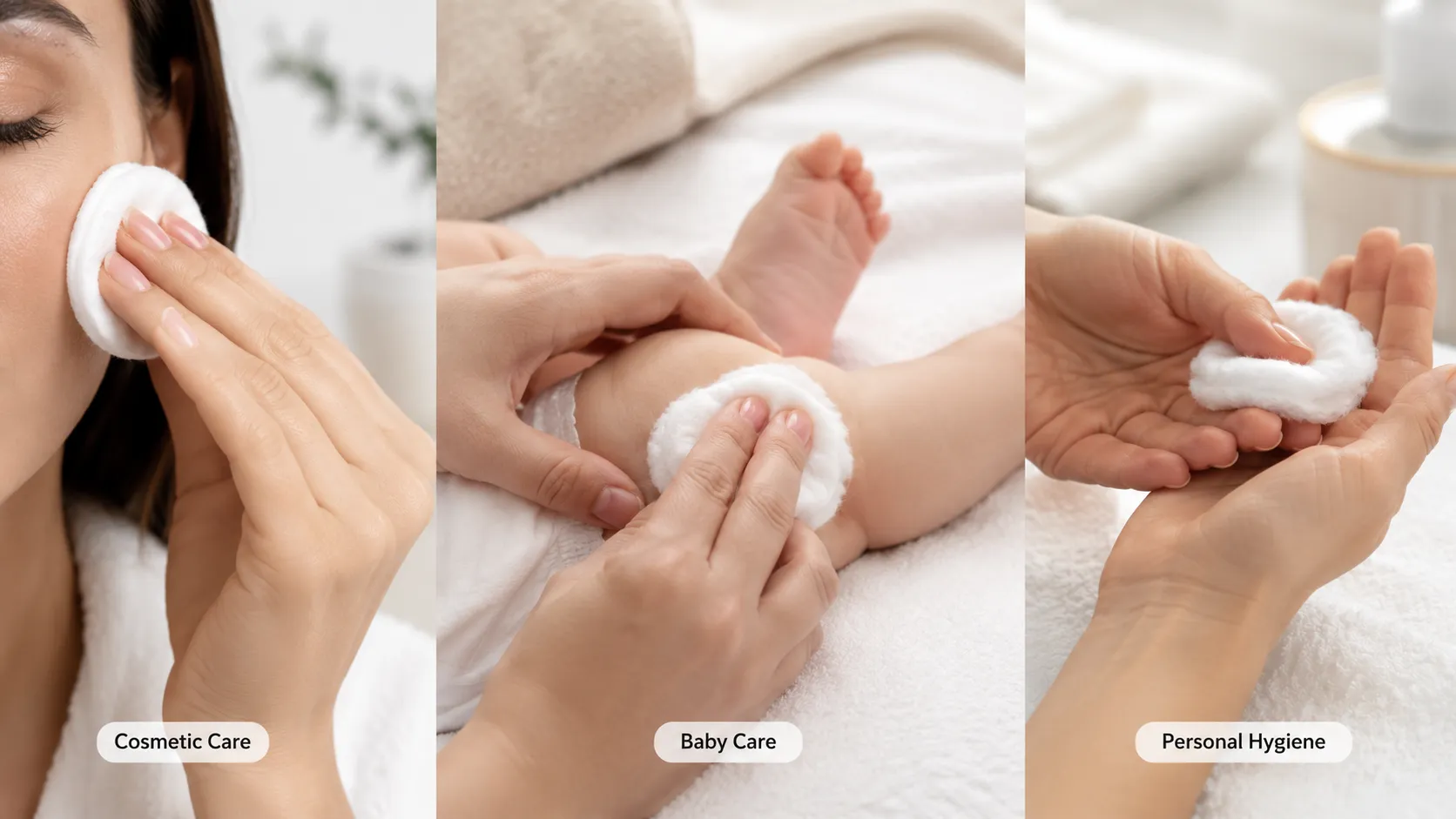 Absorbent cotton wool used for cosmetic care, baby care and personal hygiene