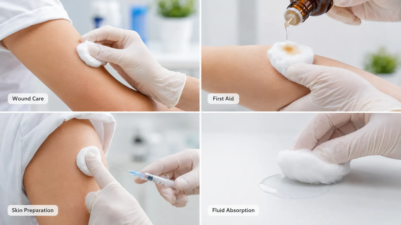 Absorbent cotton wool used for wound care, first aid and medical skin preparation
