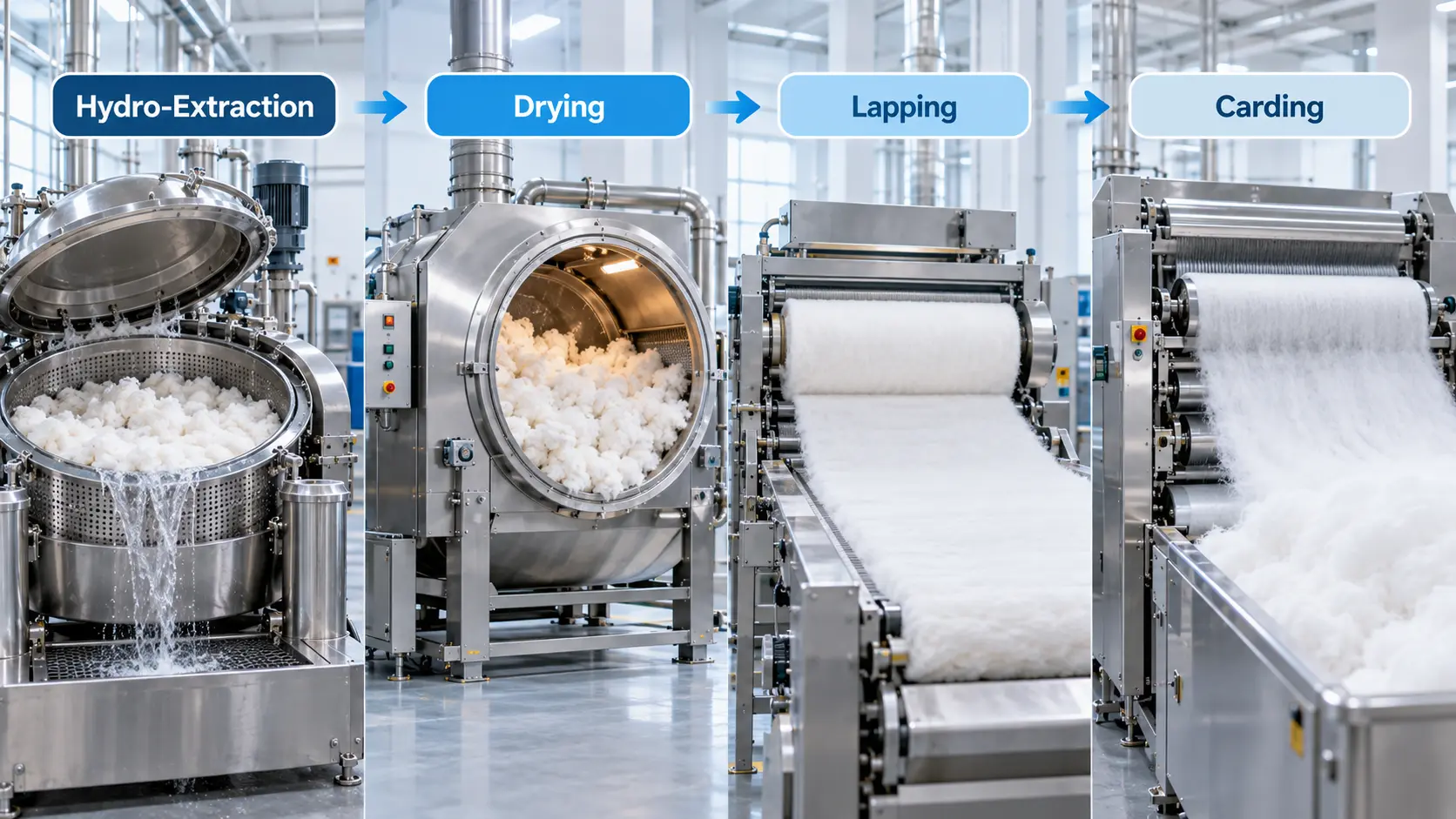 Mechanical finishing, drying, and carding steps in the absorbent cotton wool manufacturing process
