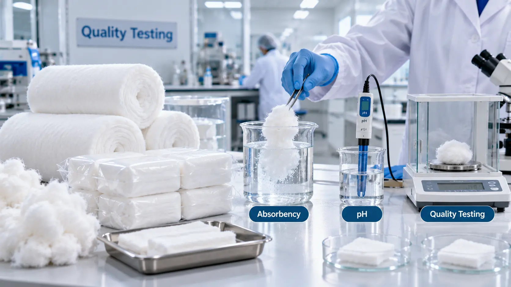 Quality control laboratory testing for the absorbent cotton wool manufacturing process
