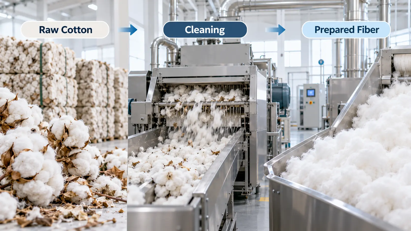 Opening and mechanical cleaning stages of the absorbent cotton wool manufacturing process