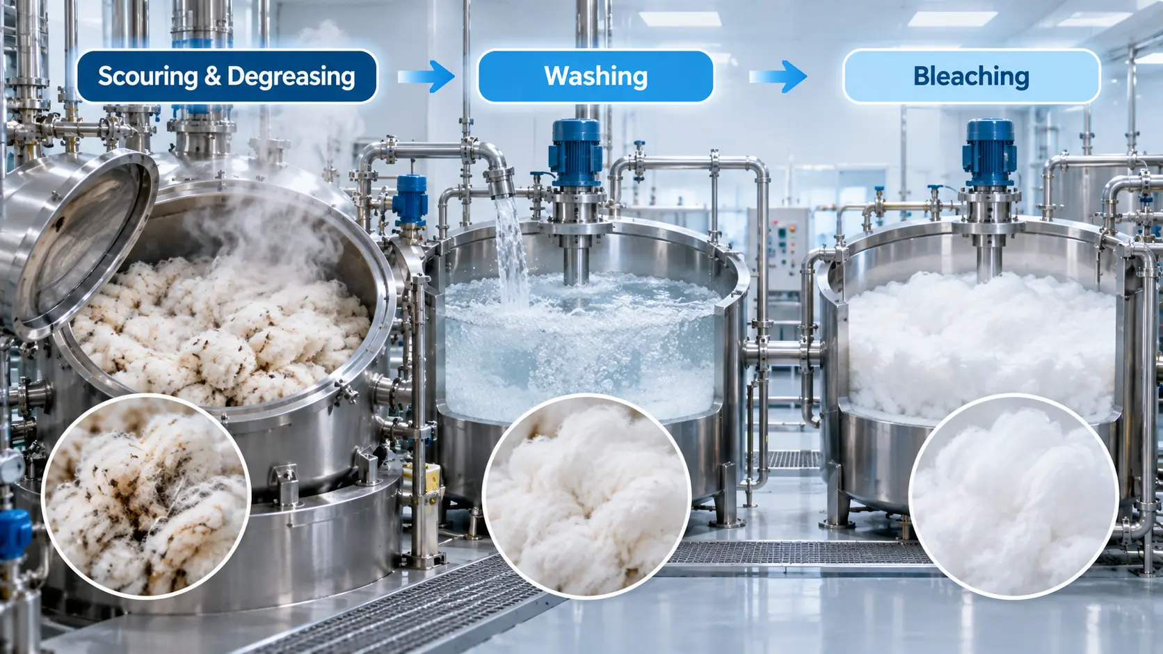 Chemical boiling and bleaching stages within the absorbent cotton wool
