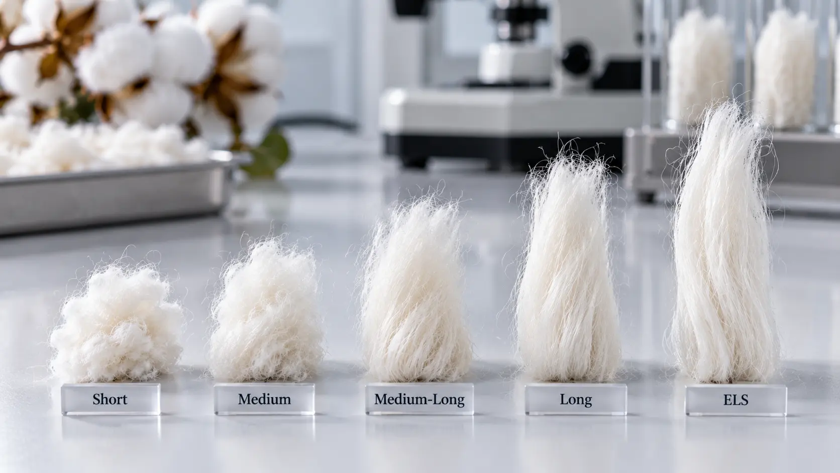 cotton arranged by short, medium, long, and extra-long staple length