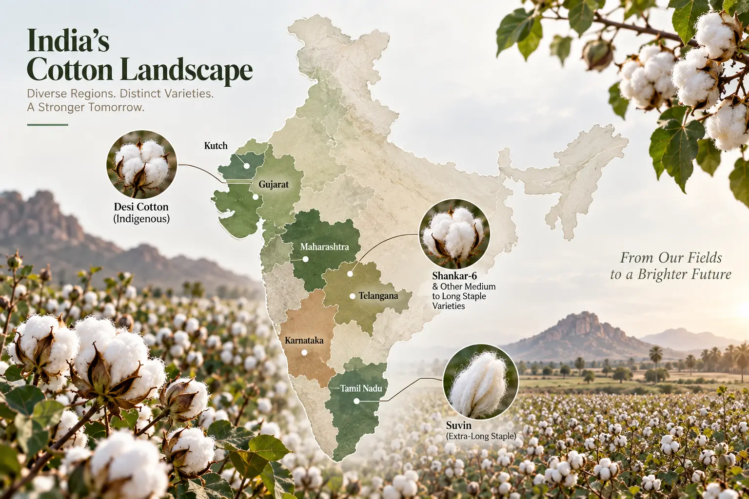 Types of cotton grown in India including Desi, Shankar-6, and Suvin
