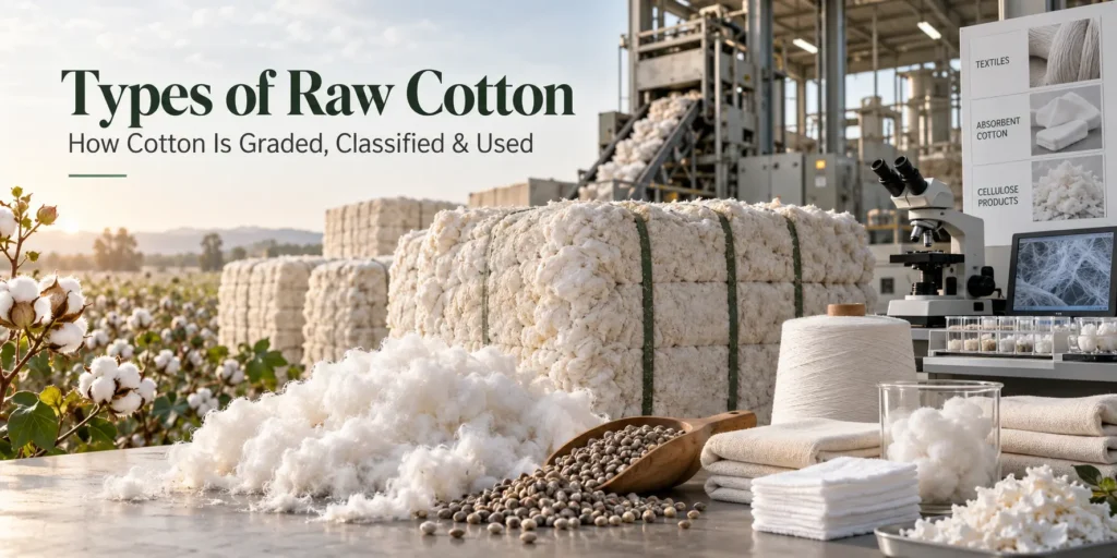 Types of cotton including raw cotton grades, staple lengths, and cotton linters