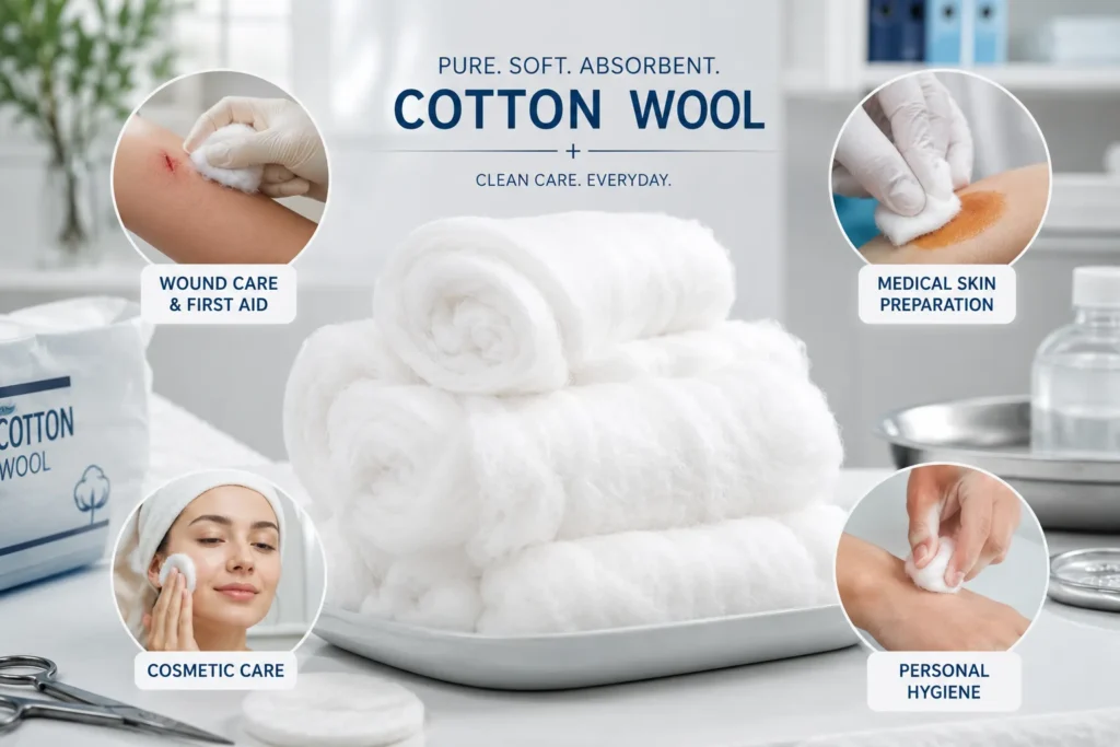Absorbent cotton wool used for wound care, medical, cosmetic and hygiene applications